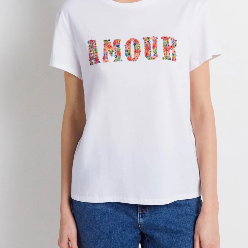 Gerard Darel Floral Embroidery Beaded Amour T-Shirt S 100% Cotton Short Sleeve